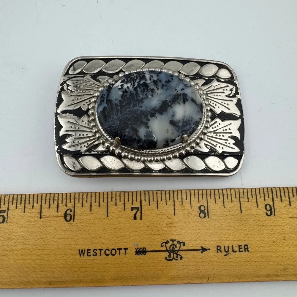 Belt Buckle Silver Tone Dendritic Agate Western Leaf Engraved